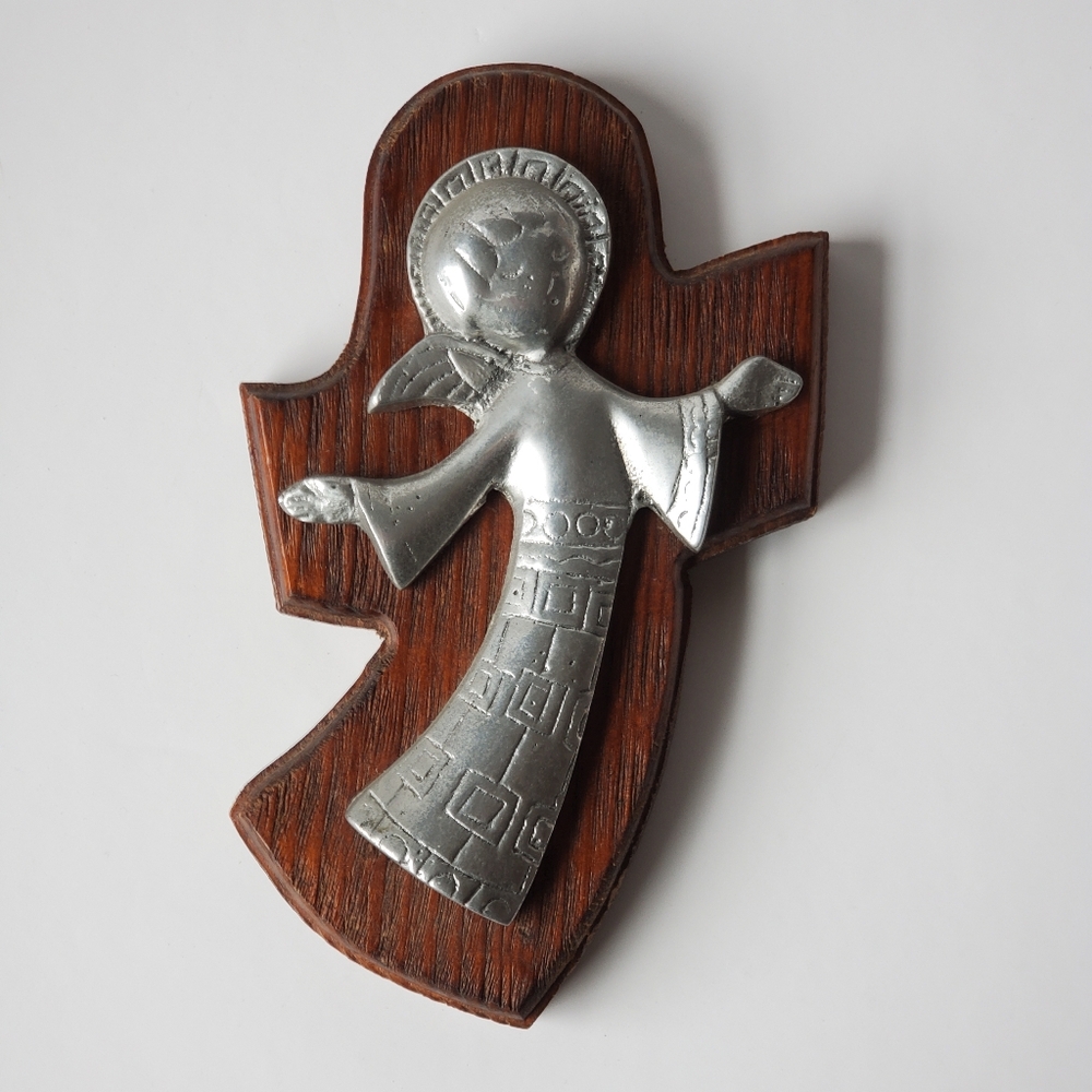 Vintage Cast Aluminum Angel Mounted on Wooden Plaque Christmas Decor MCM